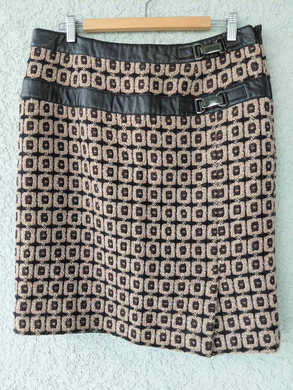 ETCETERA Wool Blend Geometric Mini Skirt Size 14 Faux Leather Trim Buckle Accent